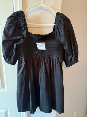 American Eagle Outfitters Black Smocked Square-Neck Puff Sleeve Tunic
